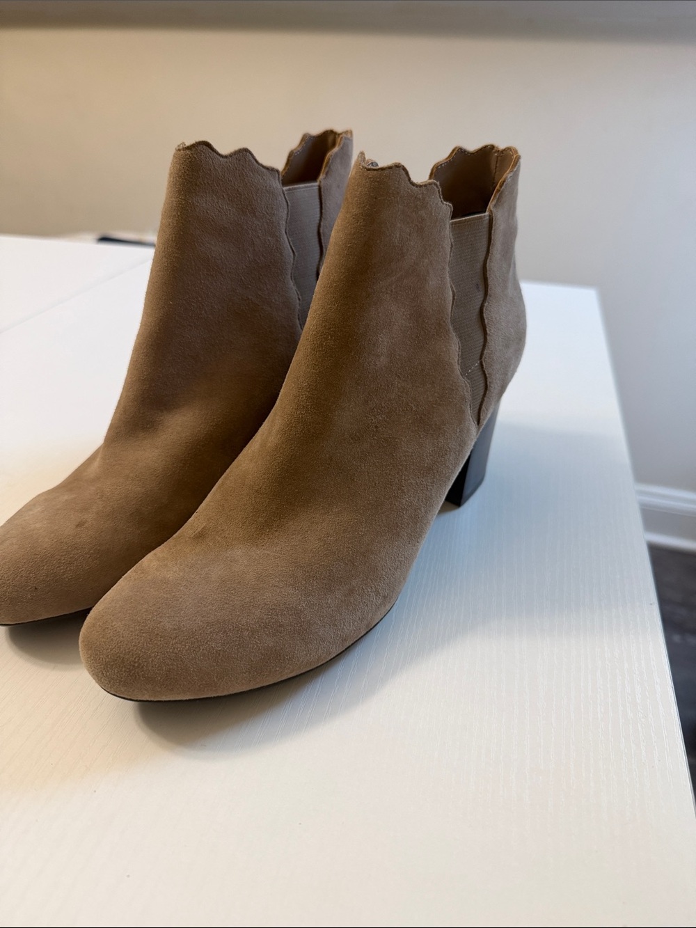 Vaneli Tan Suede Scallop-Edge Ankle Boots